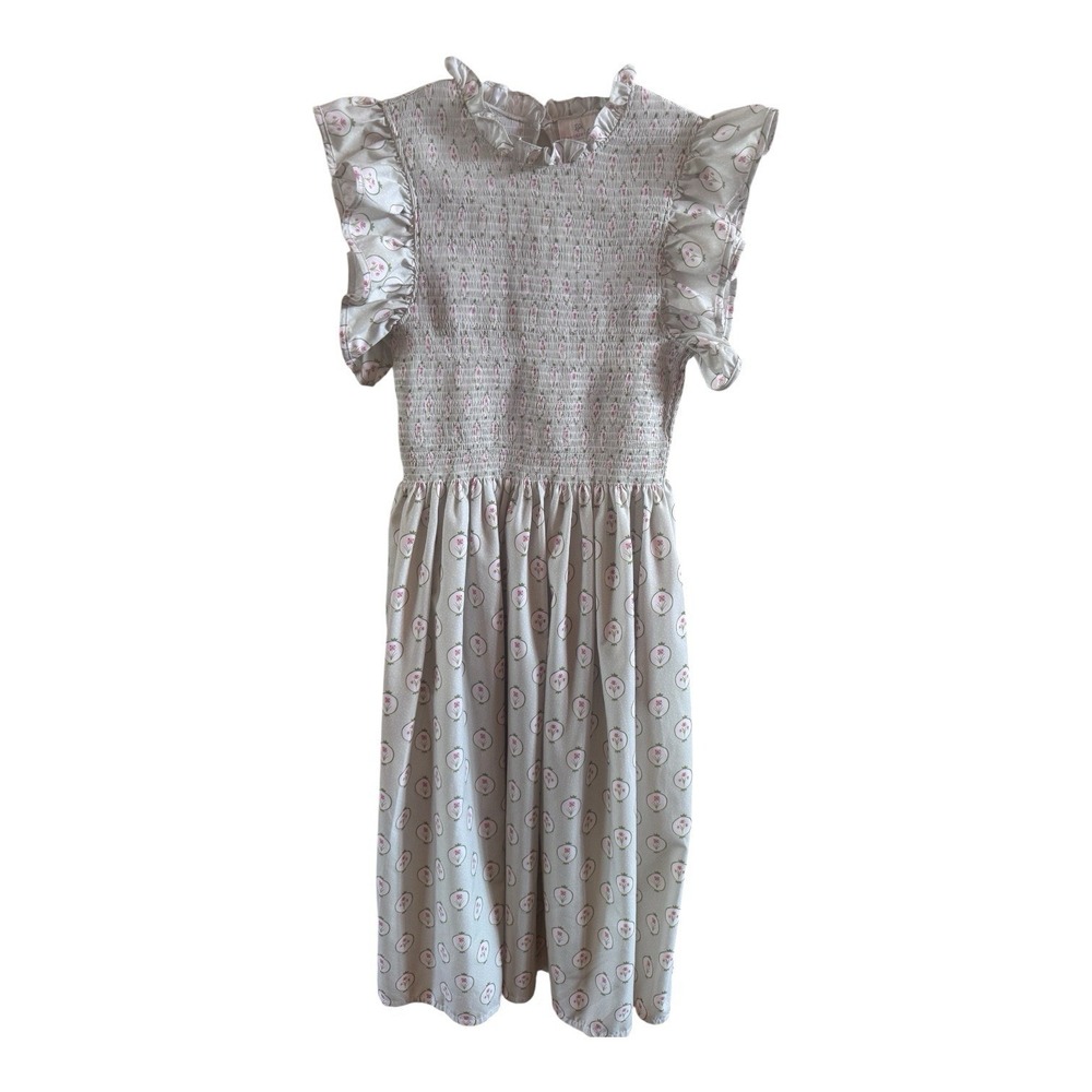 Vintage Smocking Bird Green Pink Midi Dress Smocking Flutter Sleeves Size 2XL